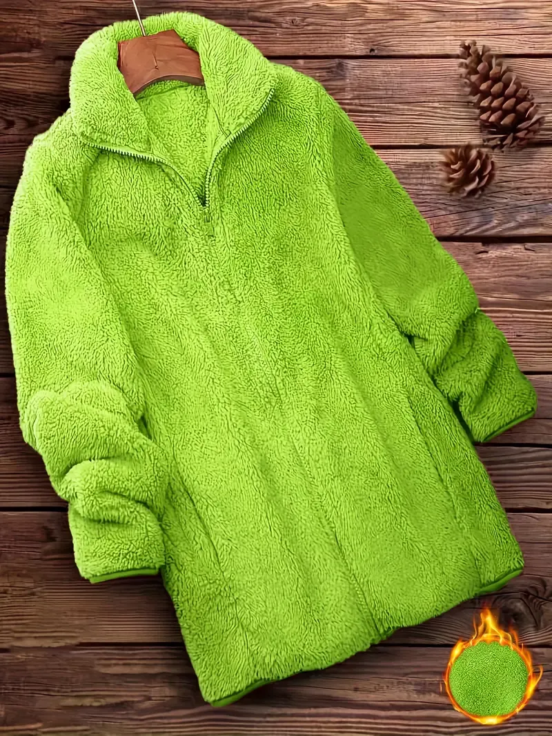 Zip Up Solid Teddy Coat, Casual Long Sleeve Winter Outerwear