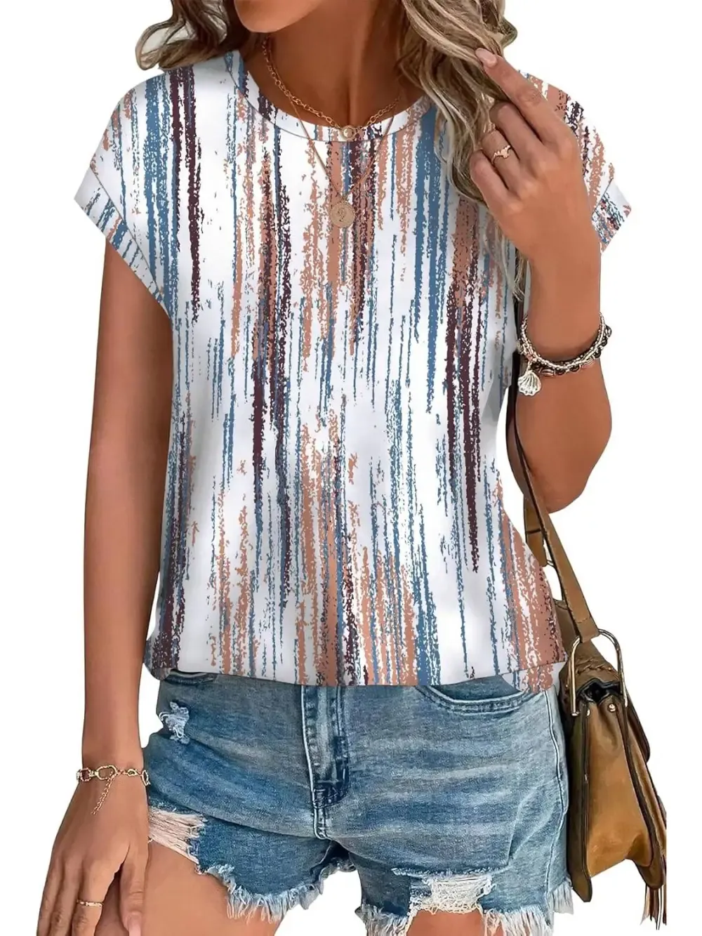 ✨Womens Printing Dressy Casual Cap Sleeve Tops with Curved Hem