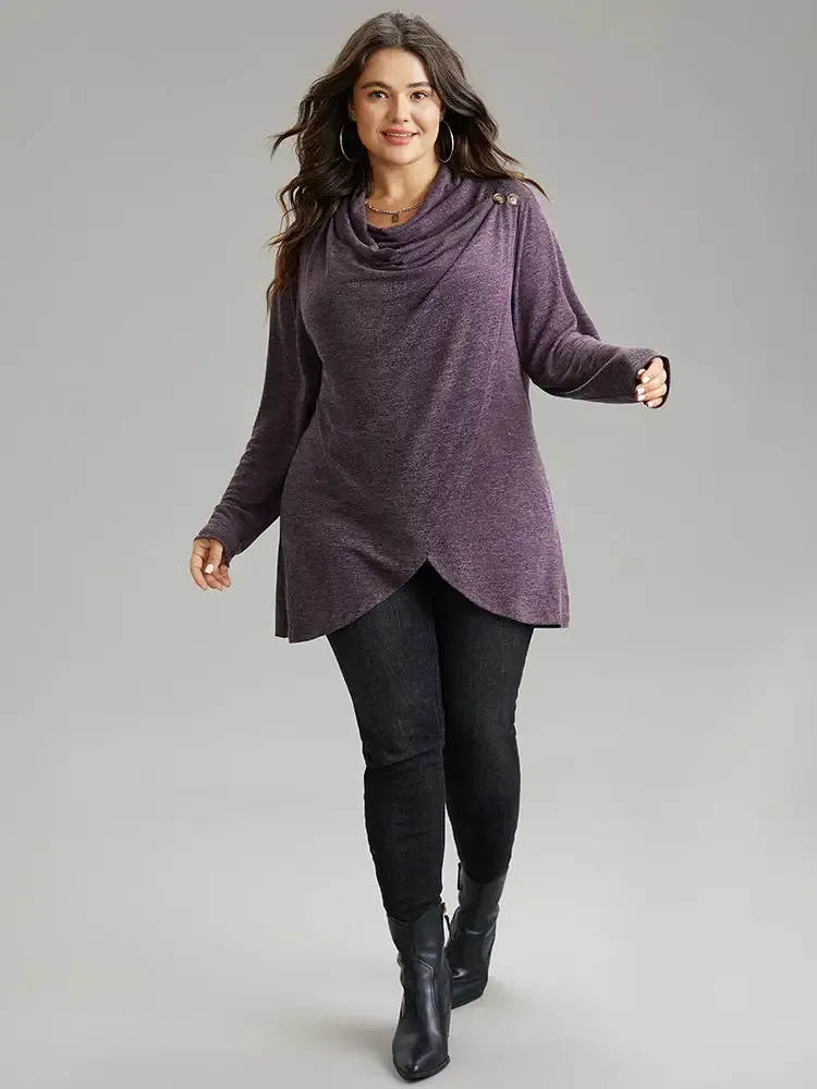Plain Heather Cowl Neck Button Detail Sweatshirt