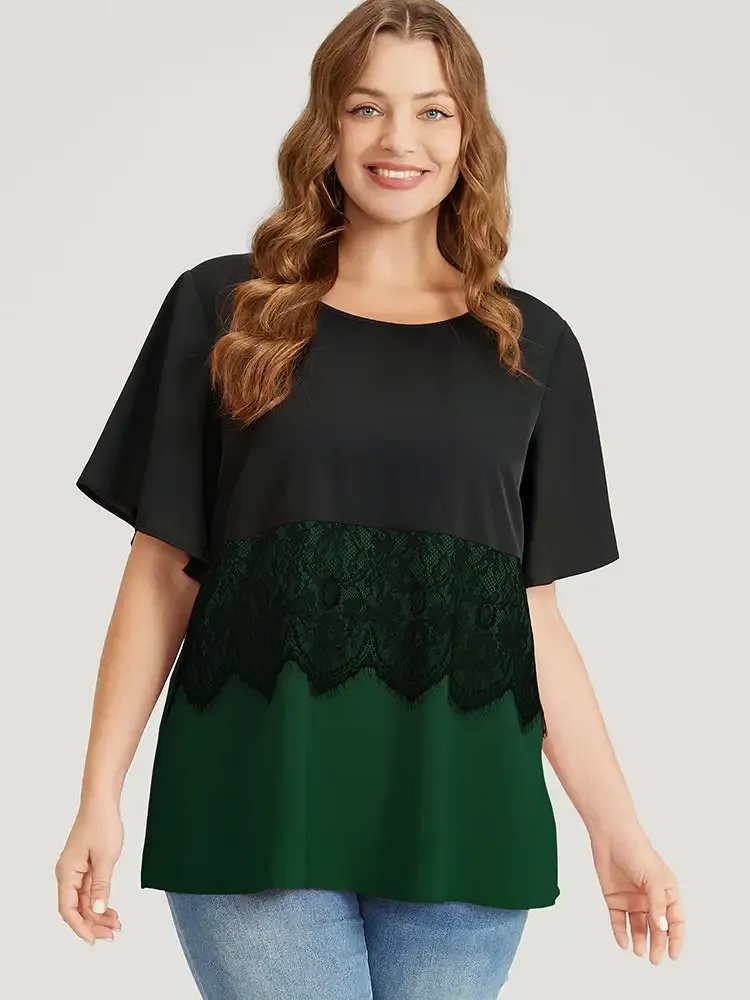 Colorblock Contrast Lace Panel Ruffles Blouse