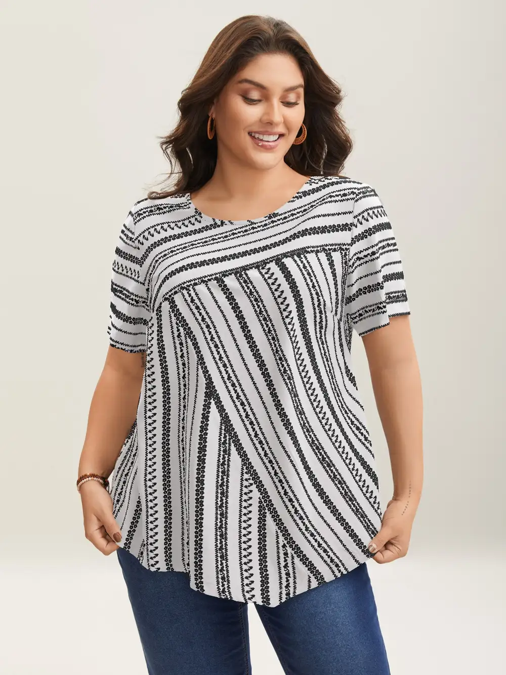 Striped Overlap Print Curvy Hem Blouse