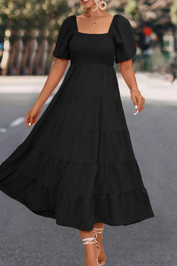 Solid Smocked Puff Sleeve Midi Dress