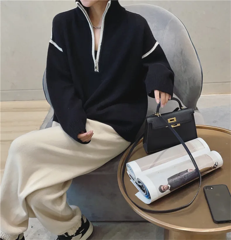 Stand Collar Zip Colorblock Loose Fashion Sweater