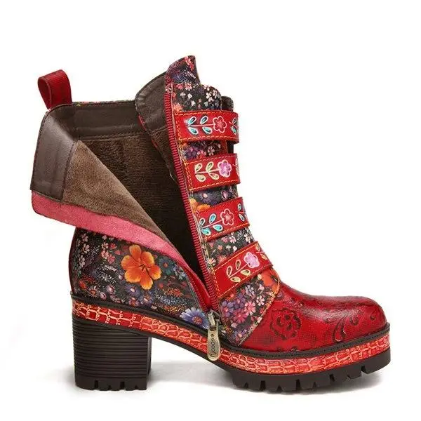 Floral Pattern Metal Buckle Chunky Heel Short Boots