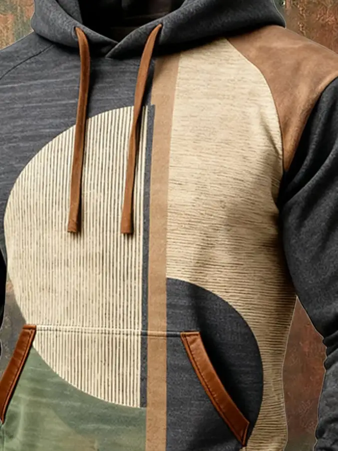 Men's Retro Distressed Color Block Print Casual Long Sleeve Sweatshirt