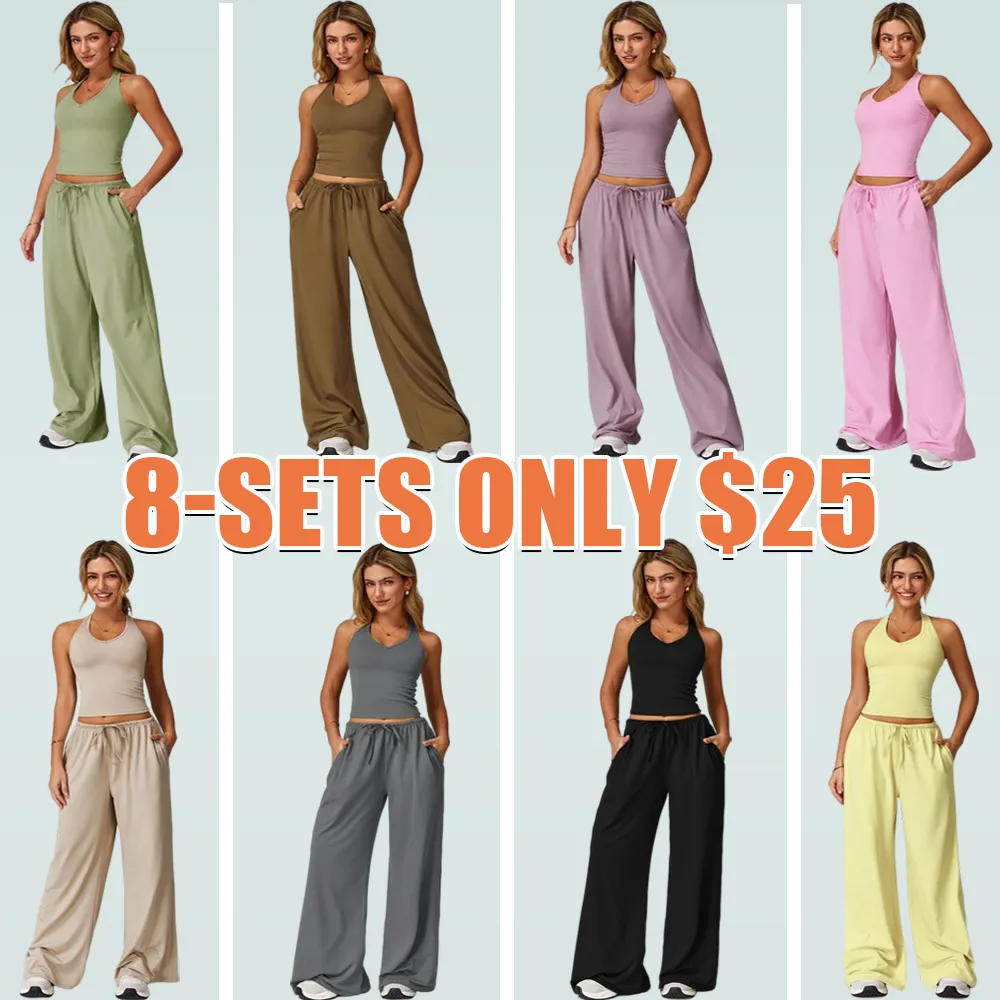 Women's Solid Crop Tank Top & Wide Leg Pants Set, Casual V Neck Sleeveless Top & Trousers