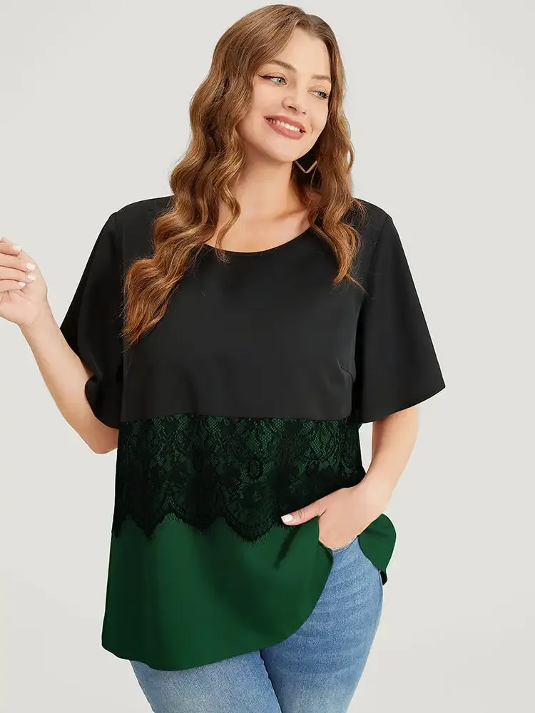 Colorblock Contrast Lace Panel Ruffles Blouse