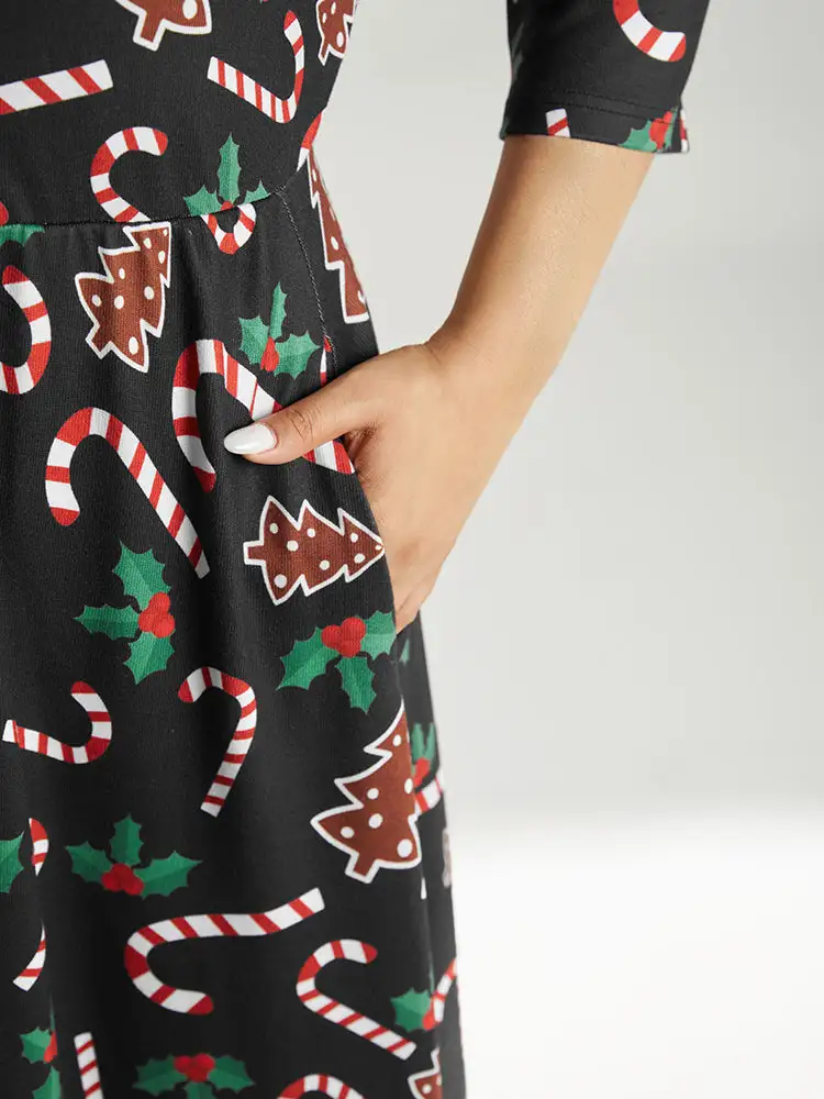 Christmas Print Pocket Elastic Waist Dress