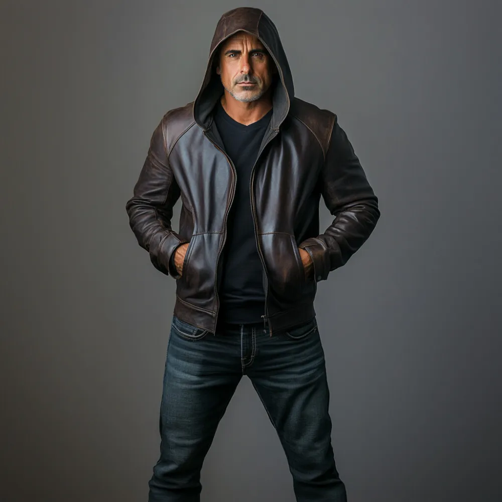 Men's PU Leather Slant Pocket Zipper Long Sleeve Hooded Jacket