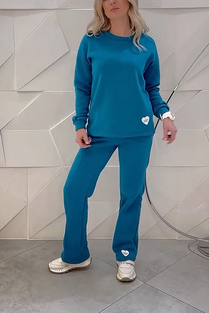 Women's solid color round neck top and pants two-piece set