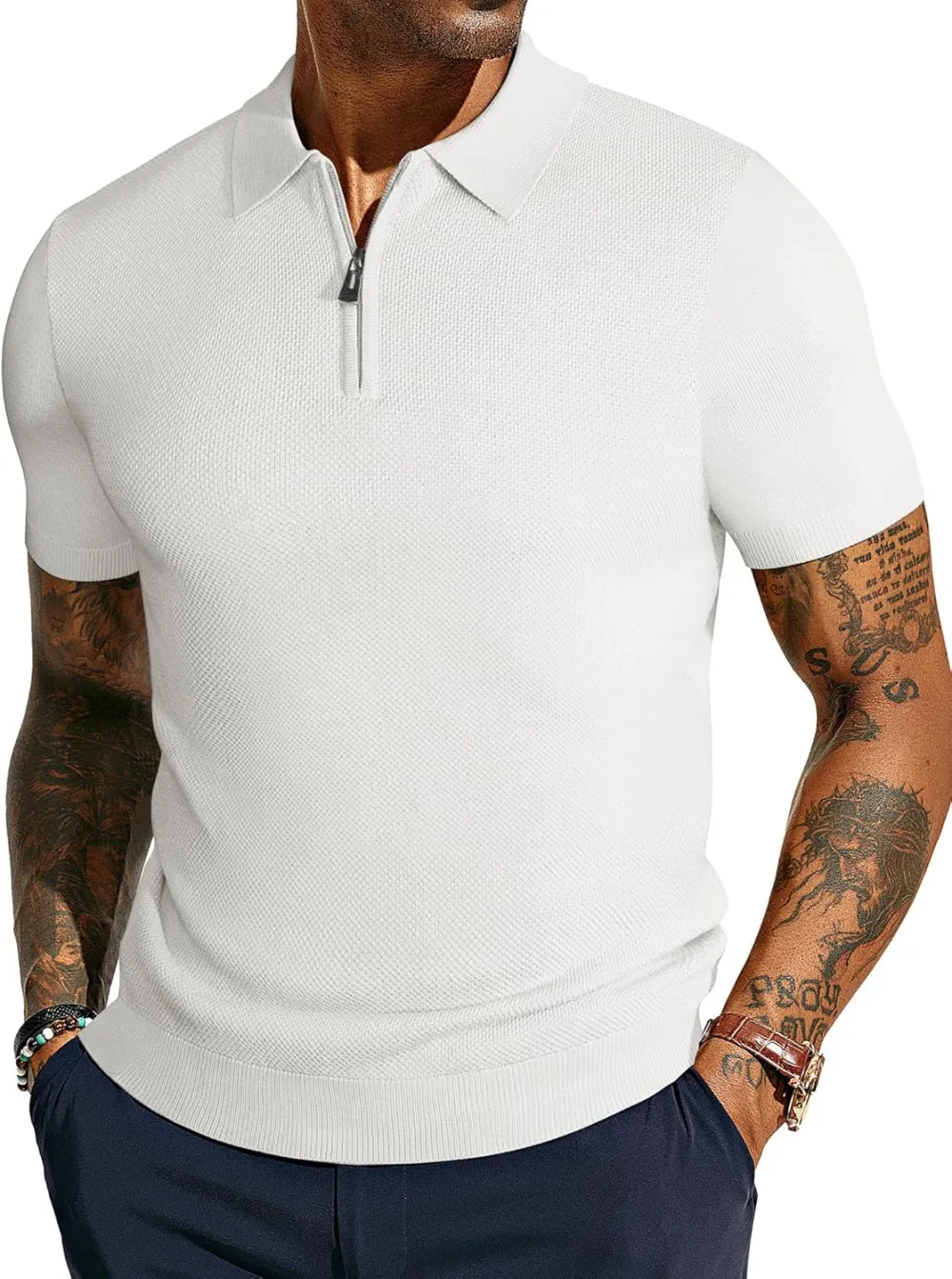 Men's Zipper Polo Shirt Textured Casual Knit Short Sleeve Polo T Shirt