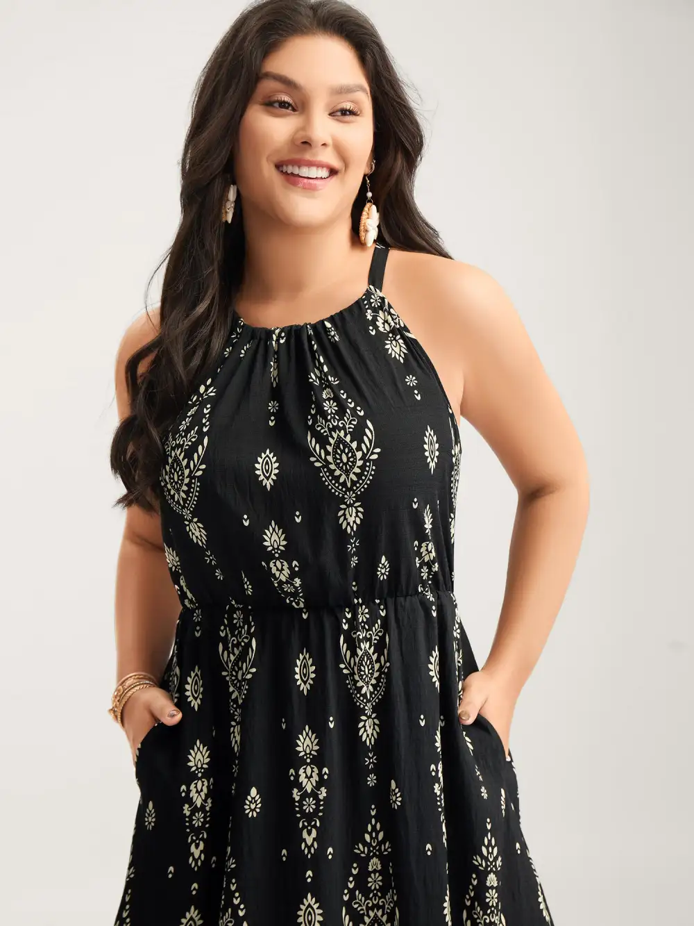 Boho Print Halter Neck Pockets Midi Dress