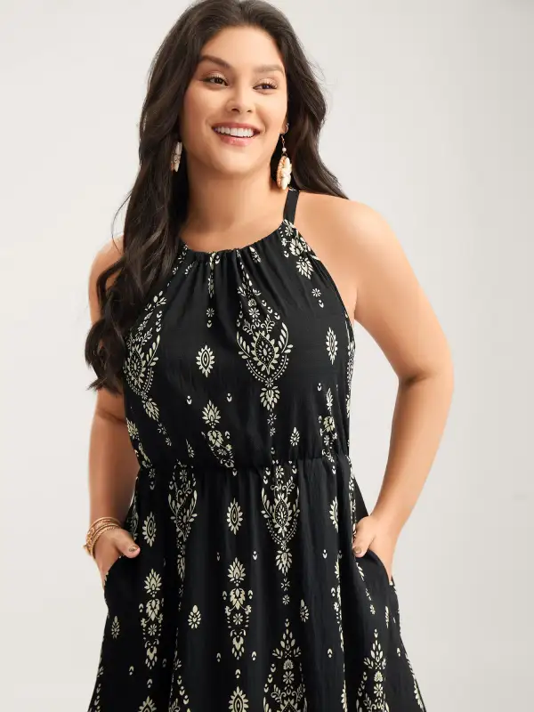 Boho Print Halter Neck Pockets Midi Dress