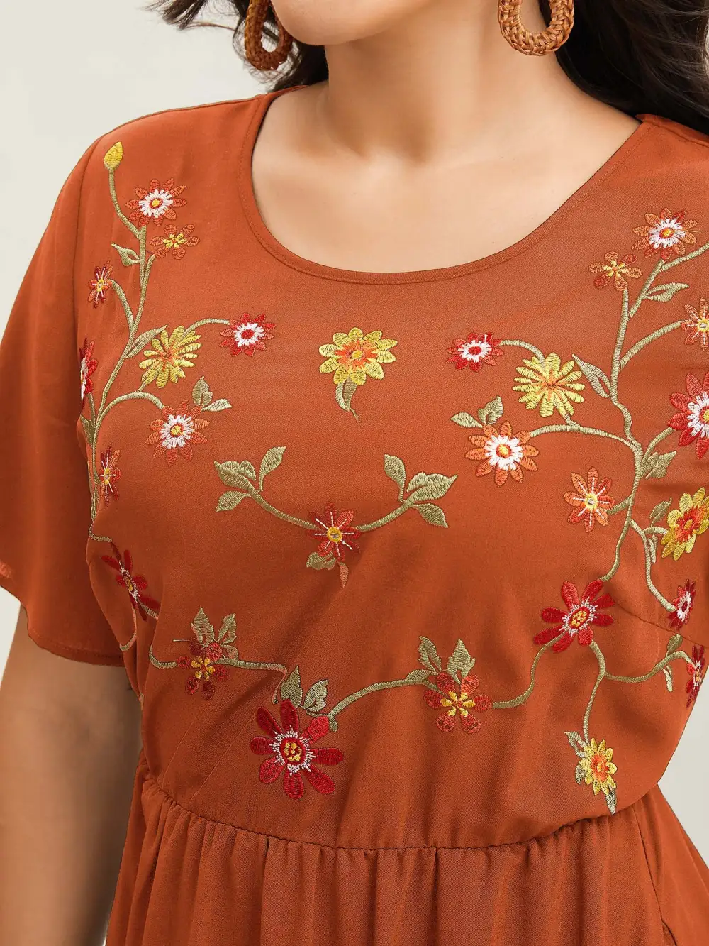 Floral Embroidered Waist-Cinched Midi Dress