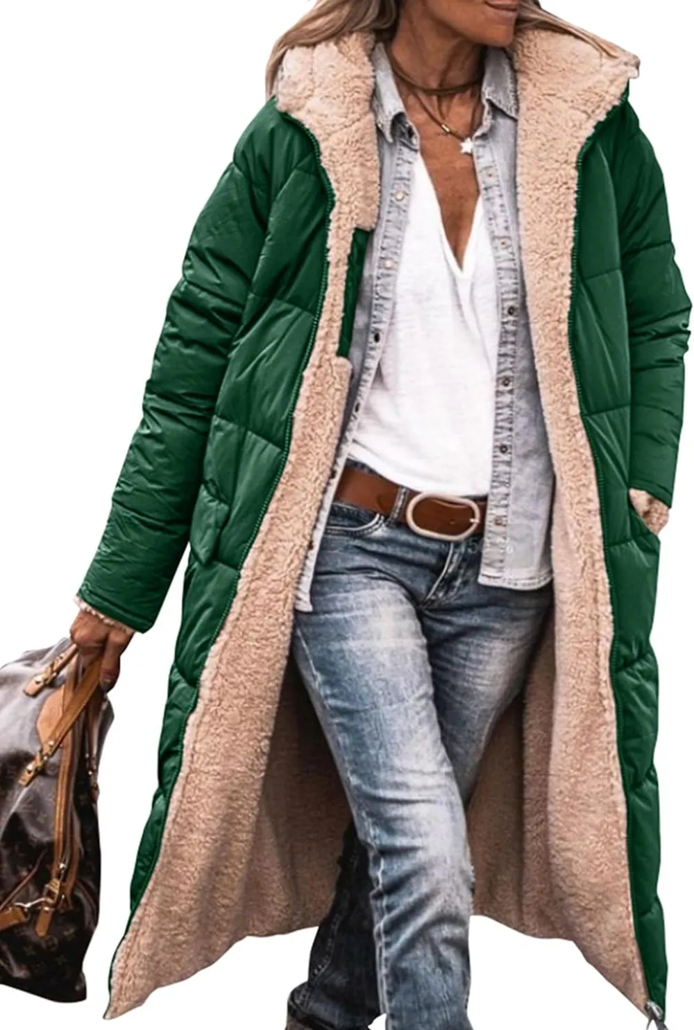 Women's Warm Winter Coats Reversible Sherpa Fleece Long Hooded Puffer Jackets Outerwear