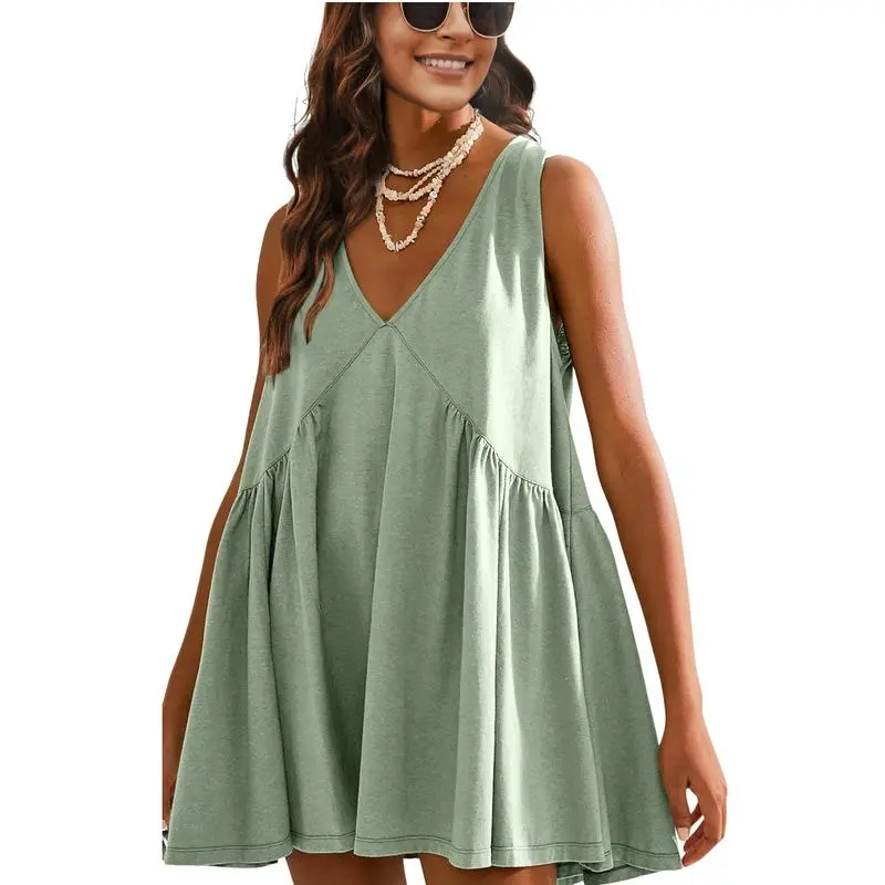 Womens Summer Sleeveless Mini Dress Casual Loose V Neck Sundress with Pockets