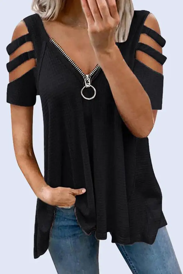 Sexy V-neck zipper solid color T-shirt