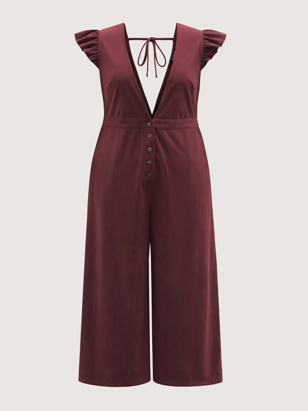 Corduroy Stretchy Waist Flutter Sleeve Jumpsuit