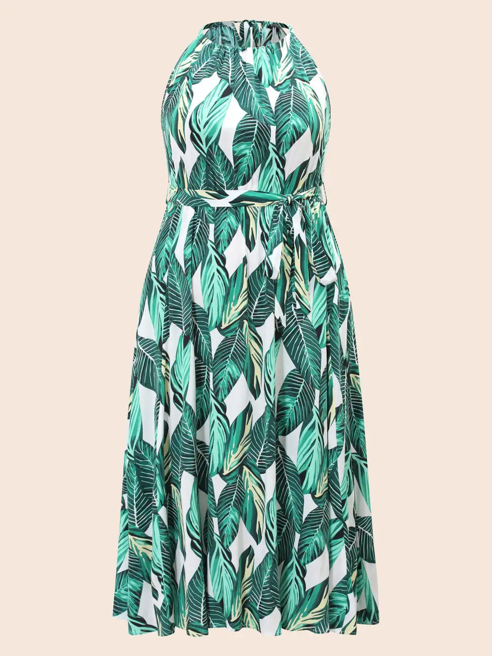 Tropical Print Knotted Pocket Ruffles Belted Halter Dress