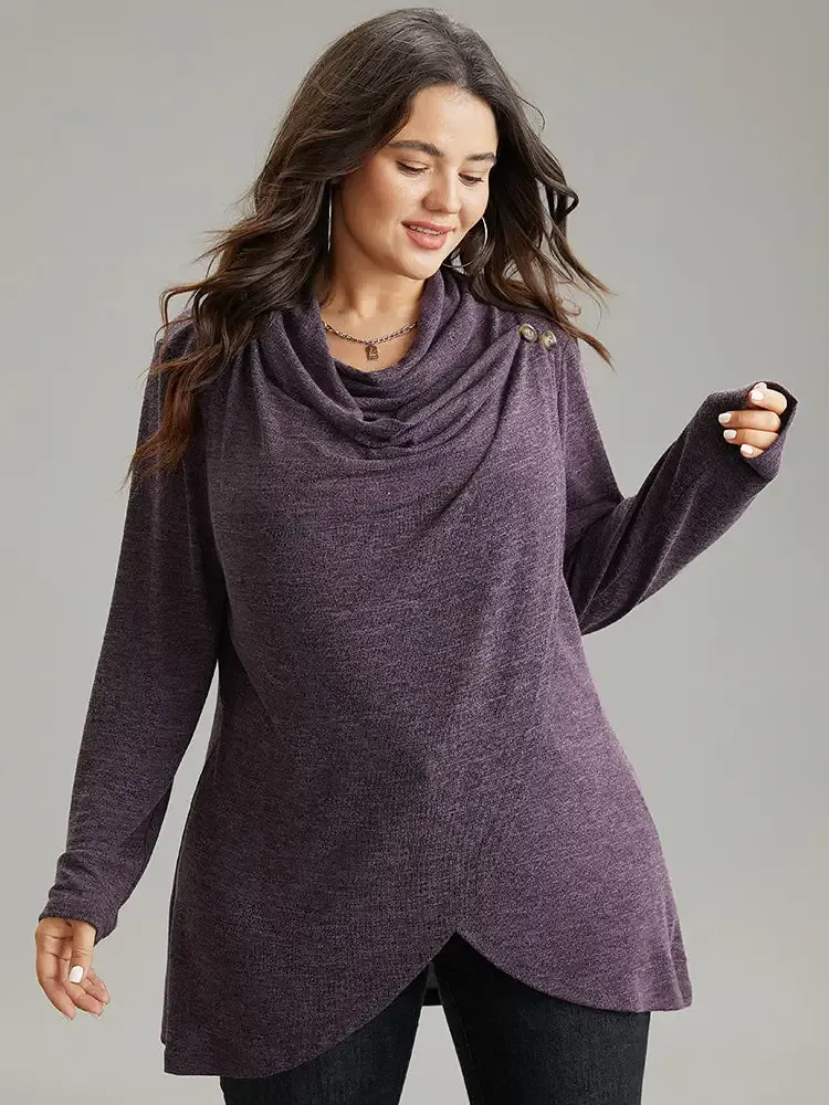 Plain Heather Cowl Neck Button Detail Sweatshirt