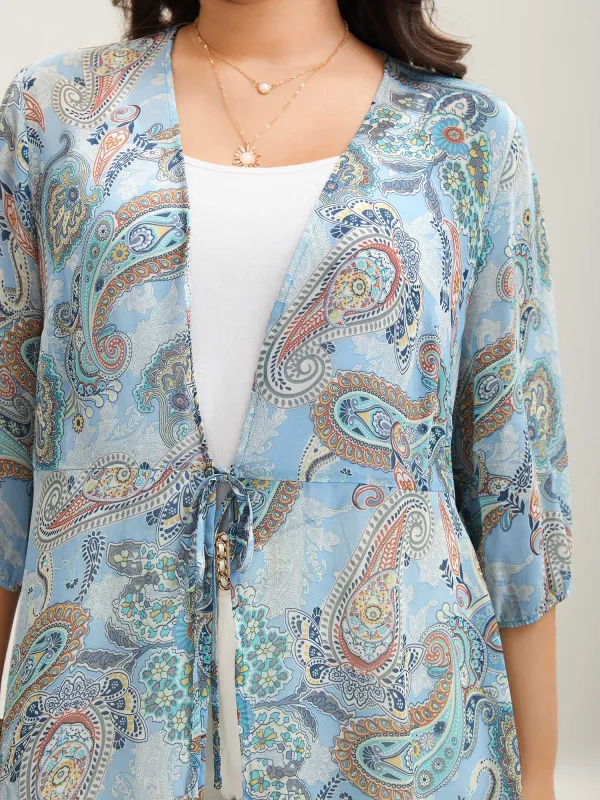 Paisley Print Sheer Tied Kimono Cardigan
