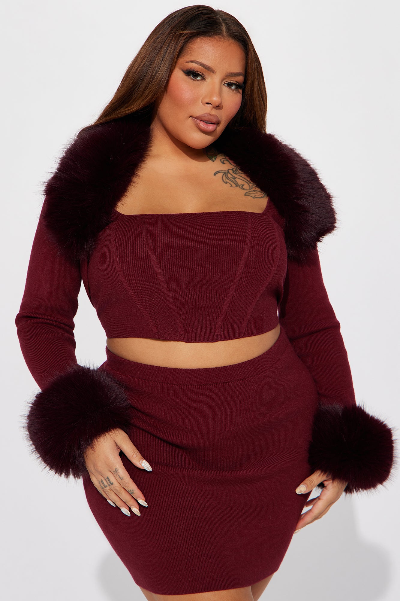 Sara 3 Piece Sweater Skirt Set - Wine