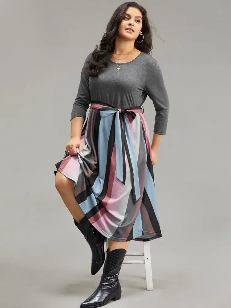 Striped Contrast Patchwork Belted Dress