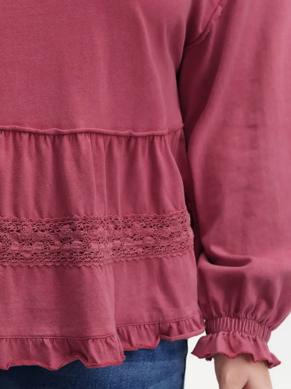 Washed Lace Trim Tiered Round Neck Sweatshirt