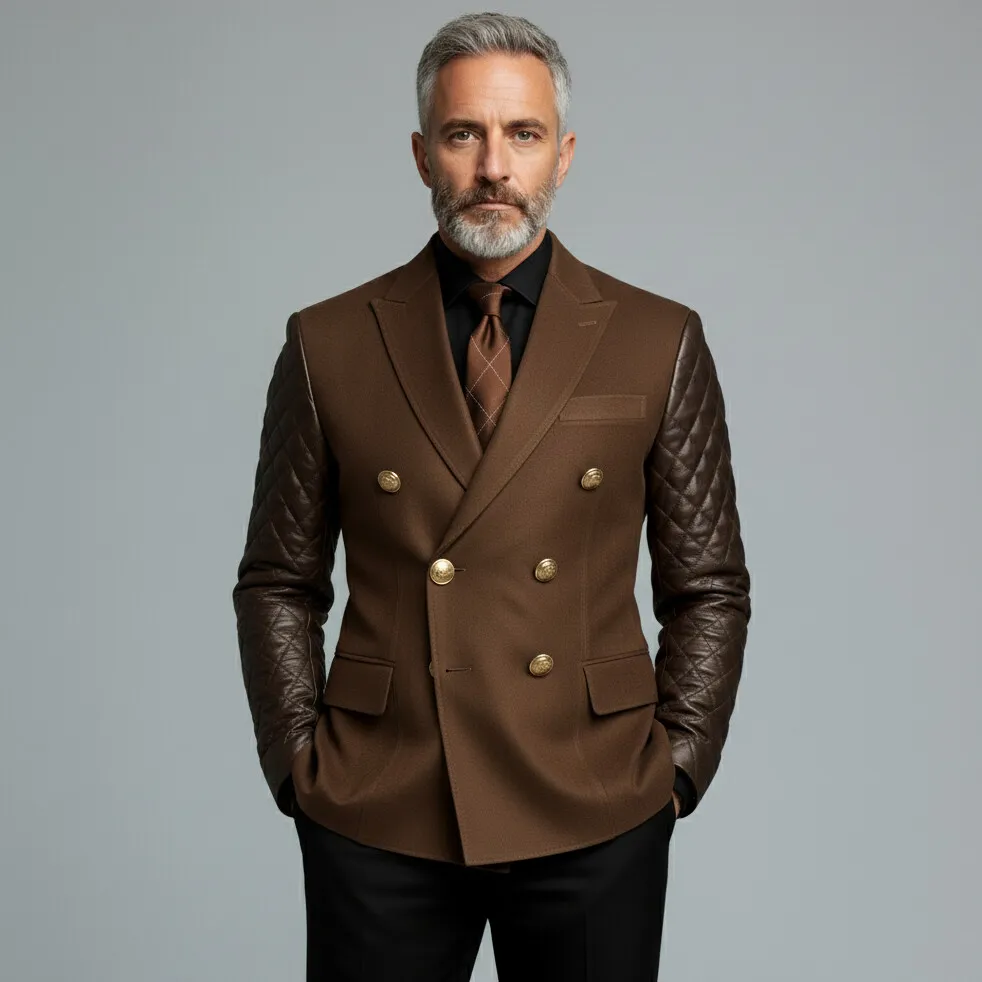 Men's Brown Suede Peak Lapel Double Breasted Quilted PU Leather Long Sleeve Blazer
