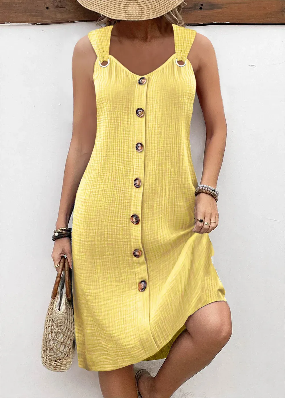 Light Yellow Breathable A Line Sleeveless V Neck Dress