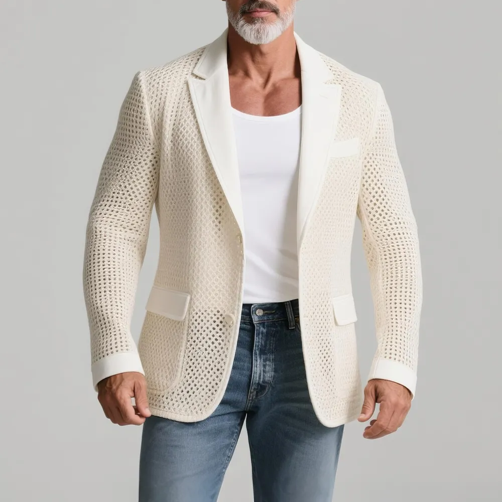 Men's Hollow Crochet Knit Notch Lapel Two Button Long Sleeve Blazer