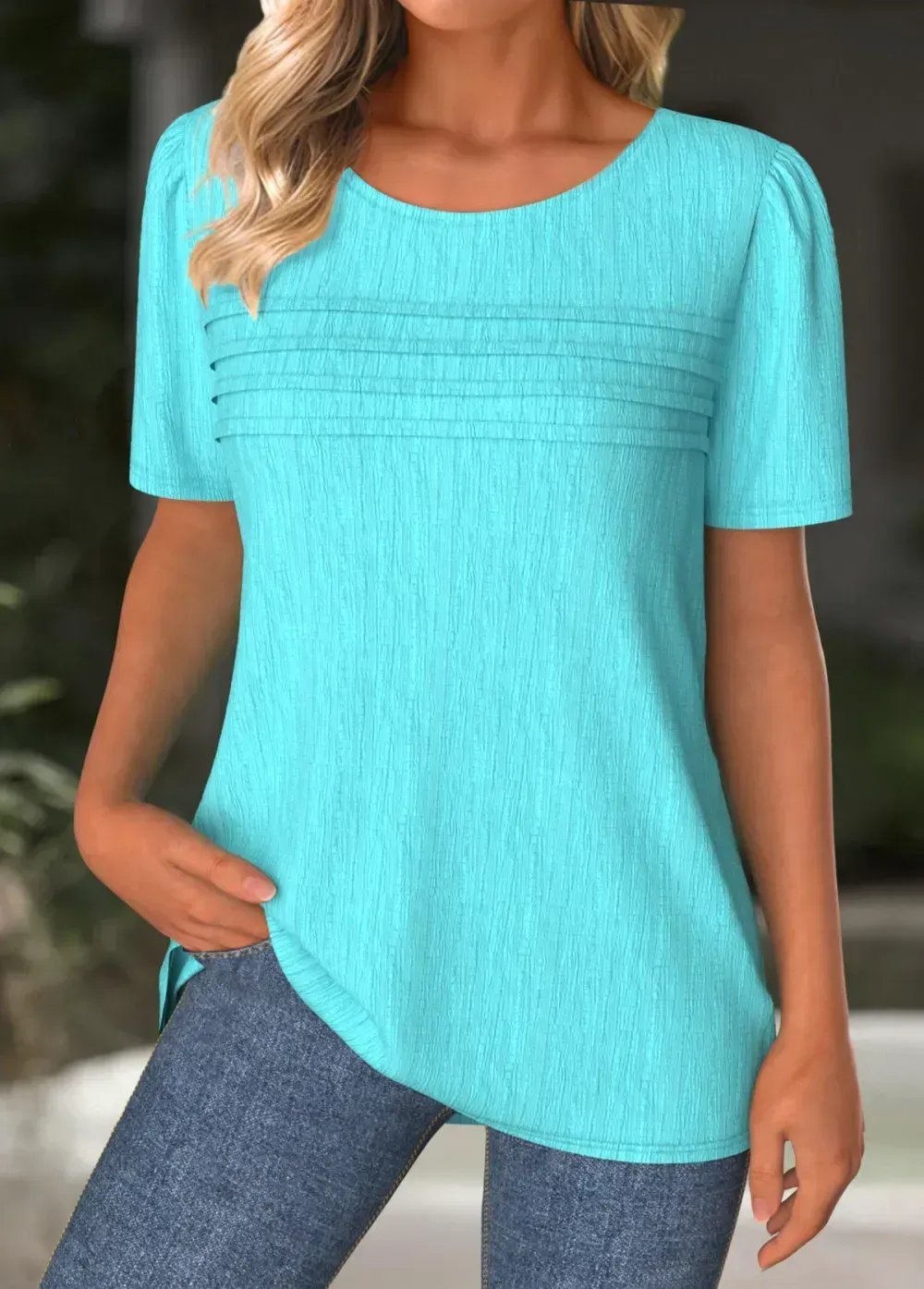 Cyan Short Sleeve Round Neck T Shirt