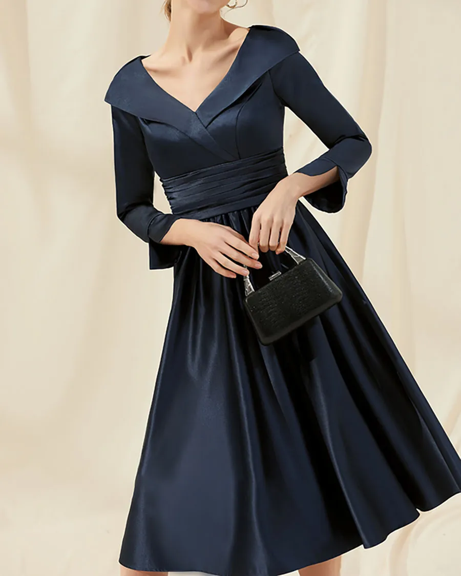 Ruffled A-Line V-Neck Knee-Length Satin Cocktail Dress