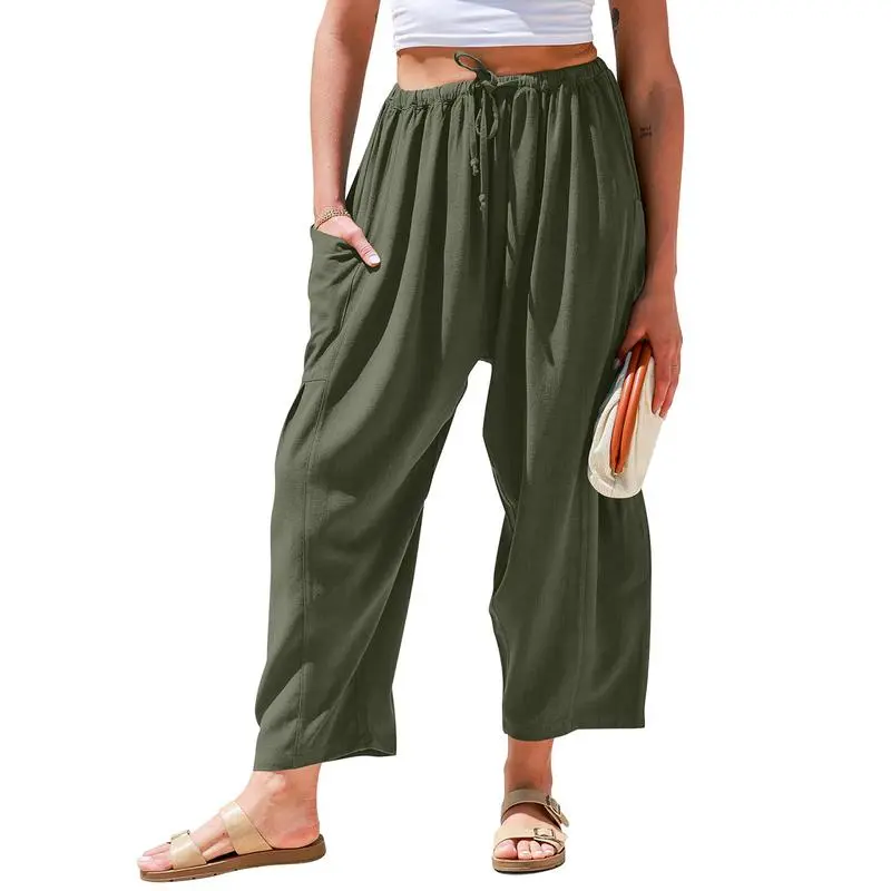 Women’s Oversized Linen Wide-Leg Pants – Casual Loose Fit Beach Palazzo Trousers with Pockets