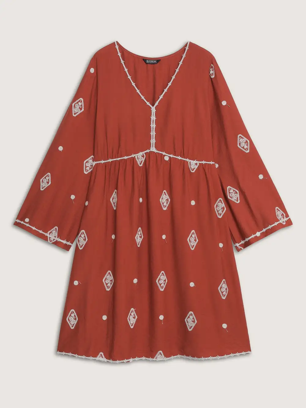 Embroidered Stretchy Waist Contrast Midi Dress