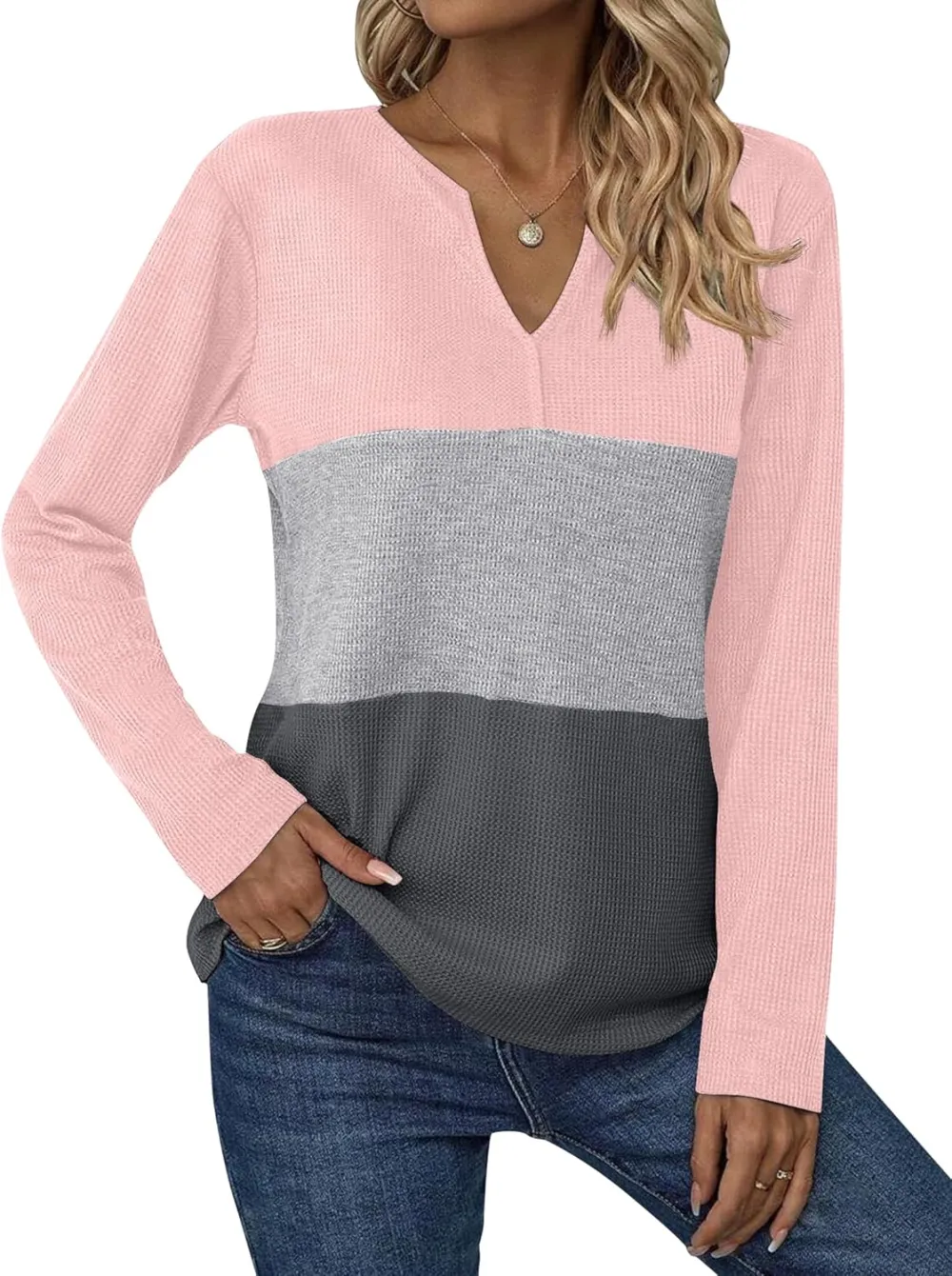 Women's Waffle Shirts V Neck Long Sleeve Tops Color Block T-Shirts Casual Tunics 2024 Fashion Basic Tees