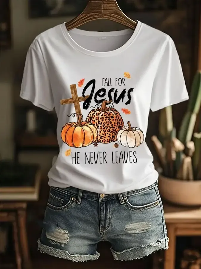 Women's Pumpkin Fall For Jesus, He Never Leaves Casual T-shirt