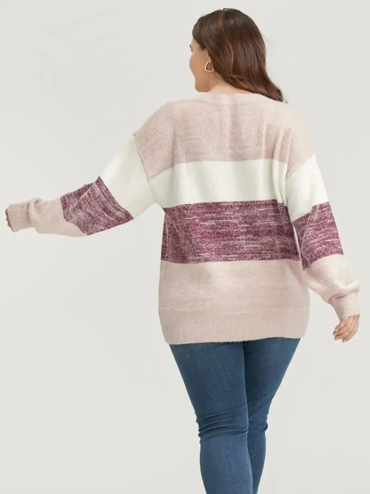 Colorblock Contrast Super Soft Plush Knit V Neck Knit Top
