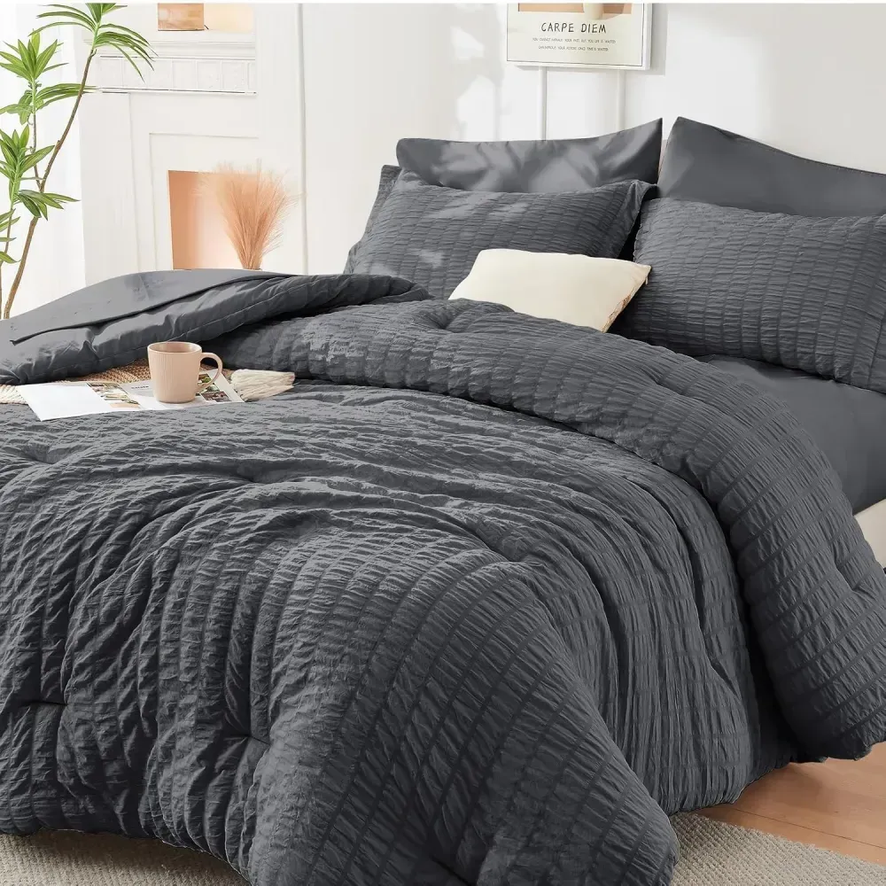 Queen Comforter Set Seersucker 7 Pieces, All Season Luxury Bed in a Bag for Bedroom, Bedding Set with Comforters, Sheets, Pillowcases & Shams, Dark Grey
