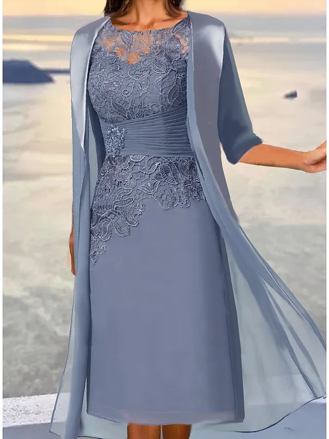 Women's Lace Dress Dress Set Two Piece Dress Midi Dress Dusty Blue Green 3/4 Length Sleeve Pure Color Lace up Summer Spring Fall Crew Neck Elegant Party Wedding Guest 2023 S M L XL 2XL 3XL