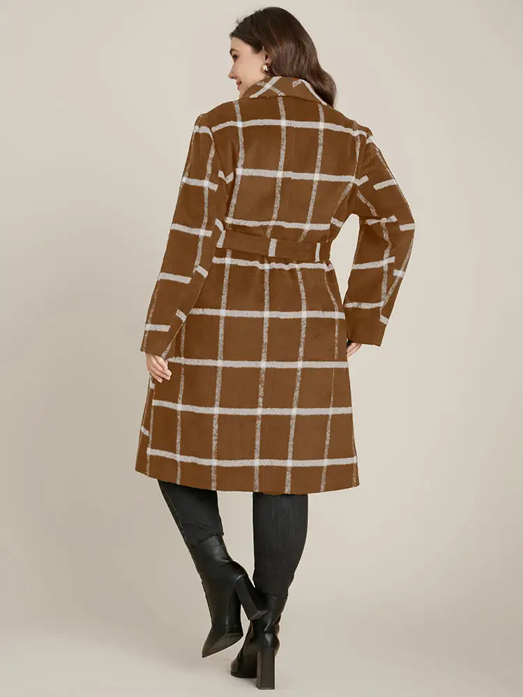 Plaid Lapel Collar Belted Pocket Coat
