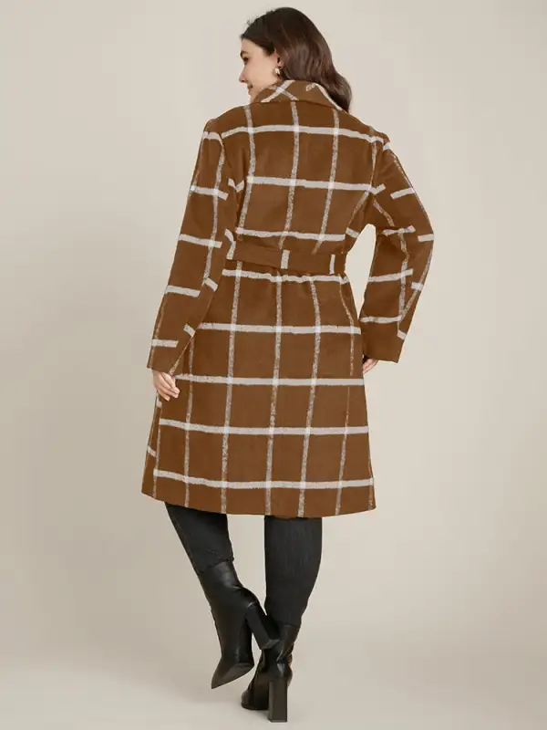 Plaid Lapel Collar Belted Pocket Coat