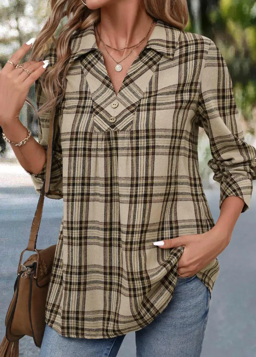 Light Coffee Button Plaid Long Sleeve Shirt