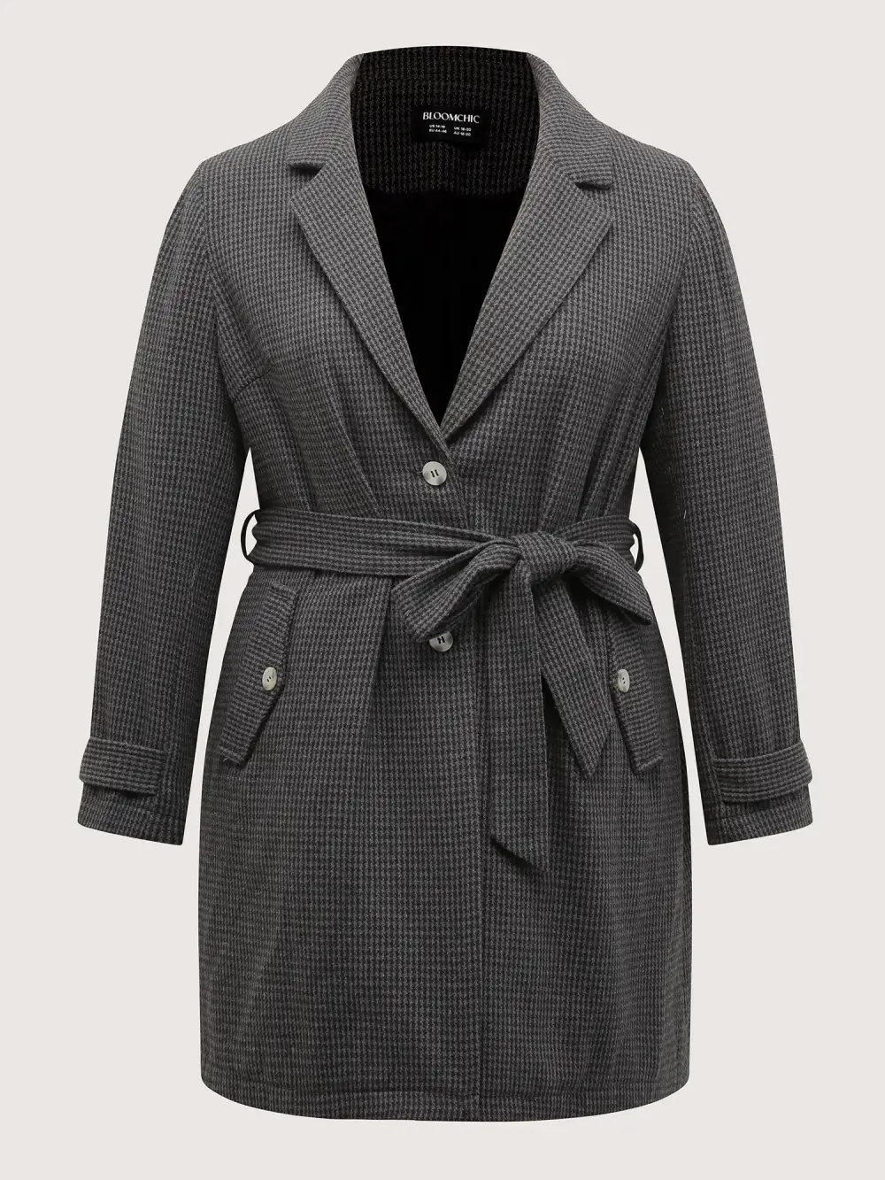 Houndstooth Button Detail Belted Coat