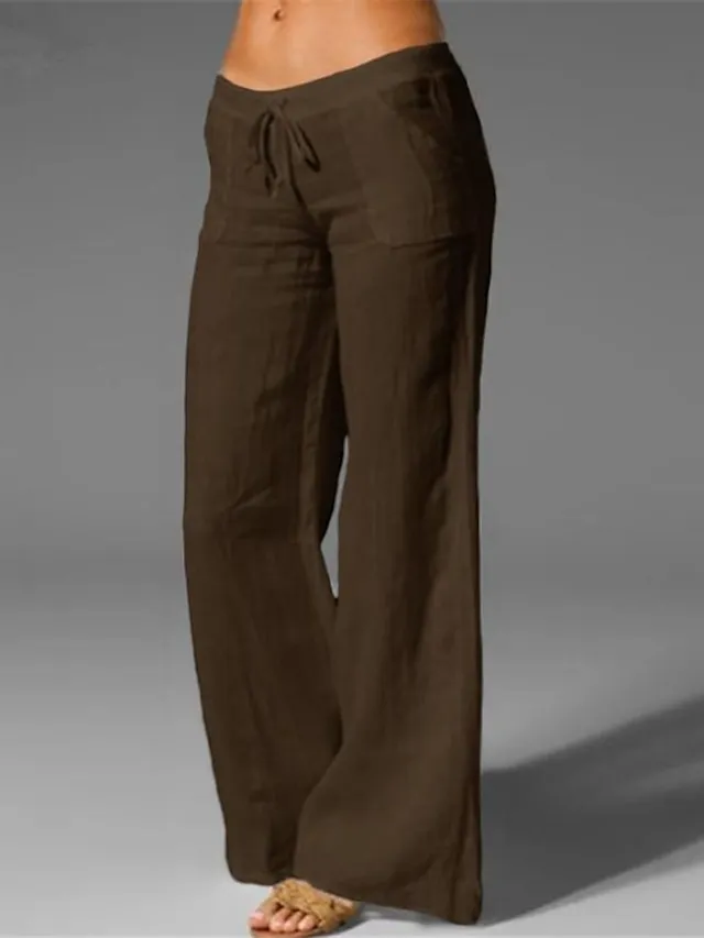 Women's Wide Leg Chinos Cotton Linen Baggy Mid Waist Black Summer