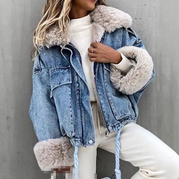 Winter Faux Fox Fur Collar Jacket Denim Women Elegant Big Pockets Jacket
