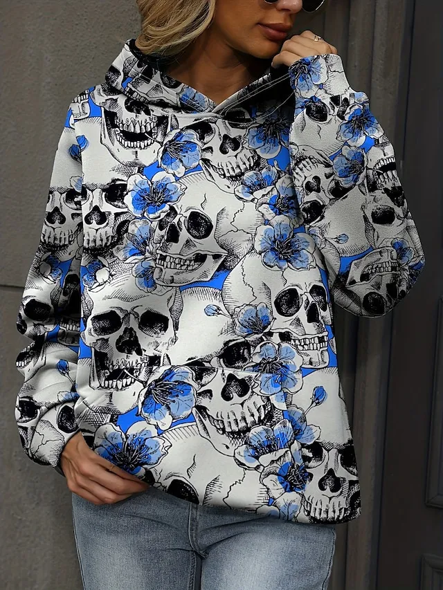 Women's Halloween Sweatshirt Pullover Active Sports Front Pocket Pink Blue Gray Floral Skull Halloween Casual Hoodie Long Sleeve Top Micro-elastic Fall & Winter