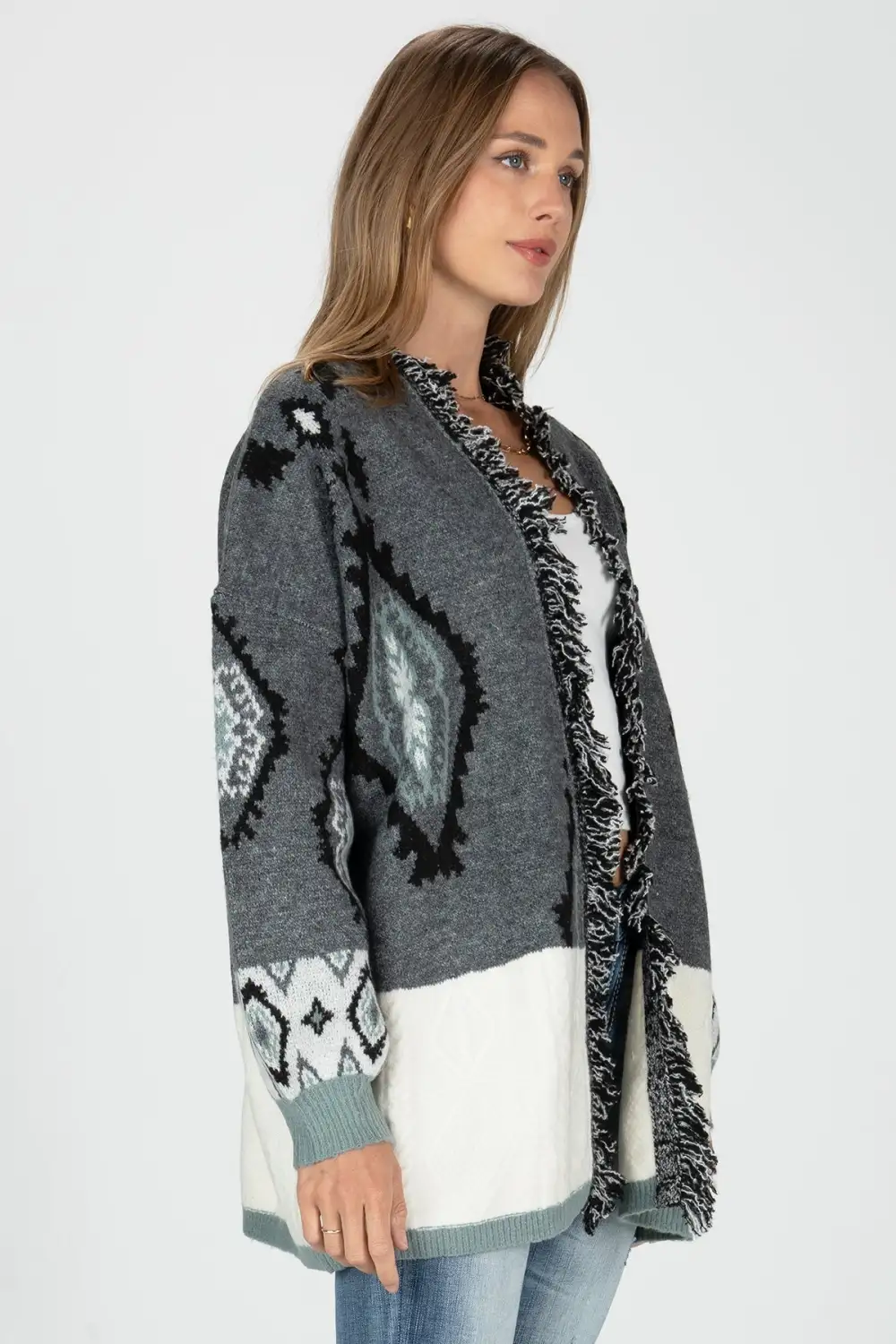 Sweater Block Open Front Aztec Cardigan