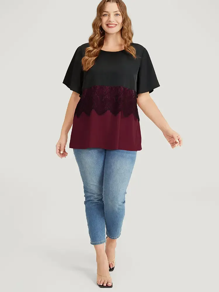 Colorblock Contrast Lace Panel Ruffles Blouse