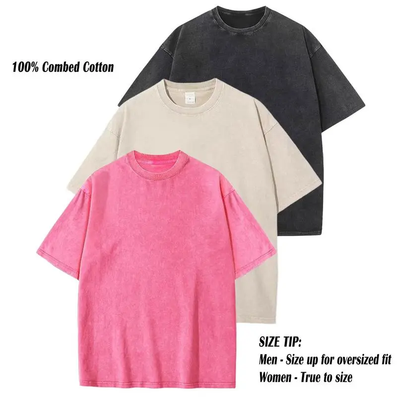 3 Pack Acid Wash Oversized Cotton T-Shirts – Unisex Casual Crew Neck Summer Tops